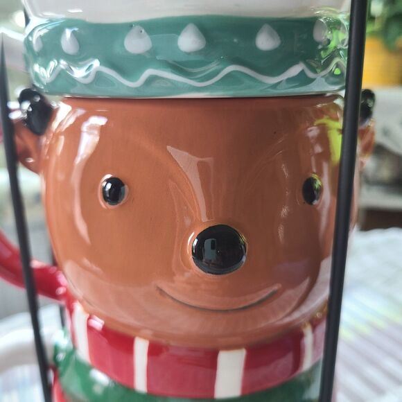 Holiday Time Santa Snowman & Reindeer Mix Stackable Stoneware Mug Set Metal Rack - Picture 4 of 10